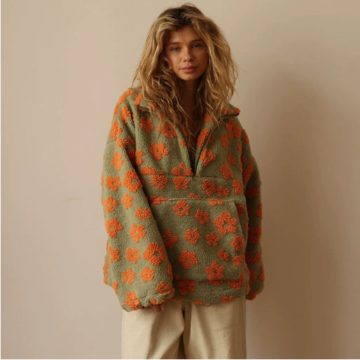 Winter Flowers Lambskin Sweatshirt With Big Pocket Casual Loose Zip-up Lapel Pullover Top Women's Clothing - ZEXO 