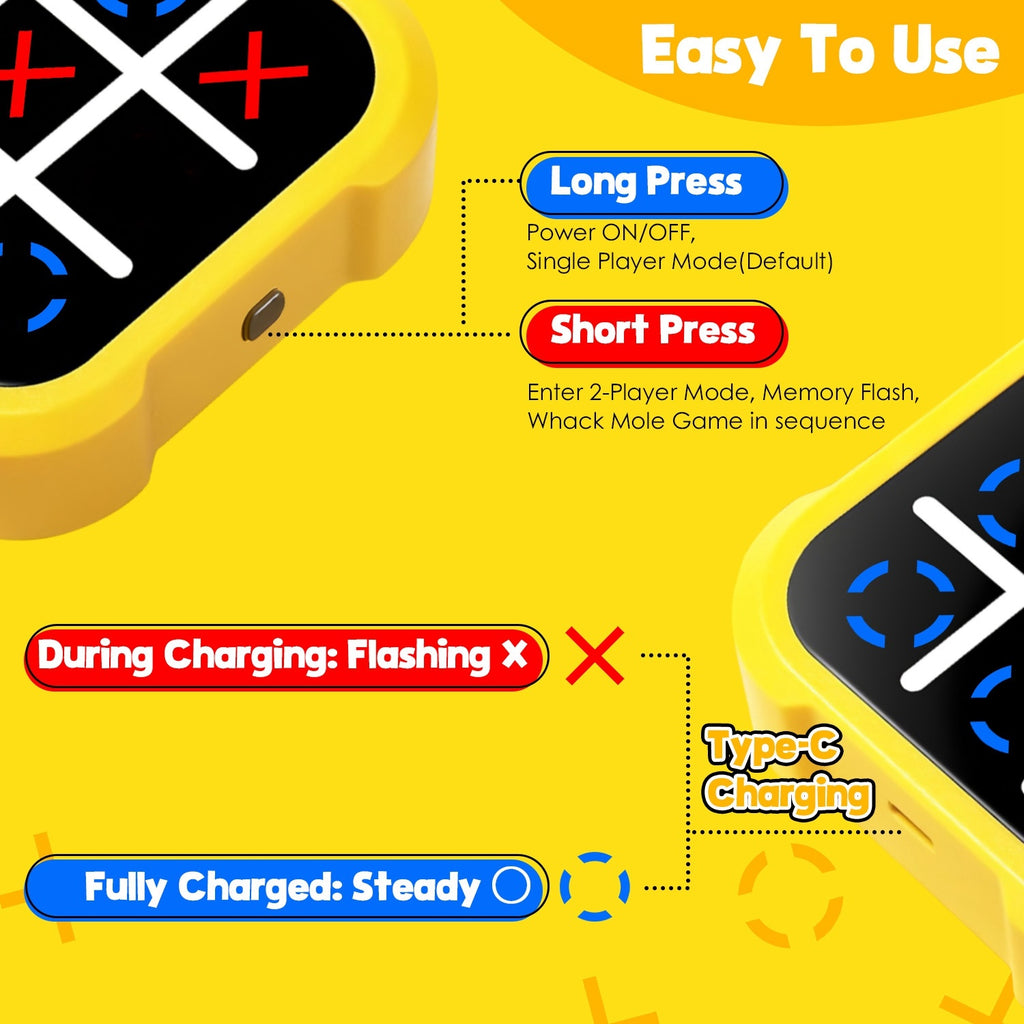 1Pc 3 In 1 Electric Tic Tac Toe Game Memory Flash Whack Mole Game Portable Travel Game Classic Board Games For Adults And Kids Aged Over 3 Years Old - ZEXO 