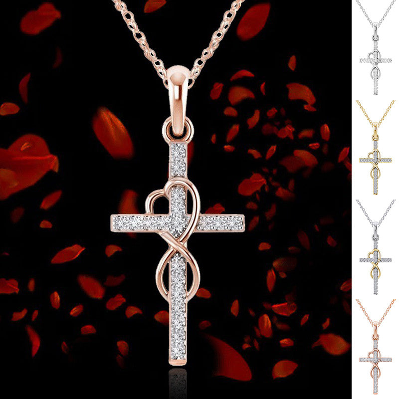 Alloy Pendant With Diamond And Eight-character Cross Necklace - ZEXO 