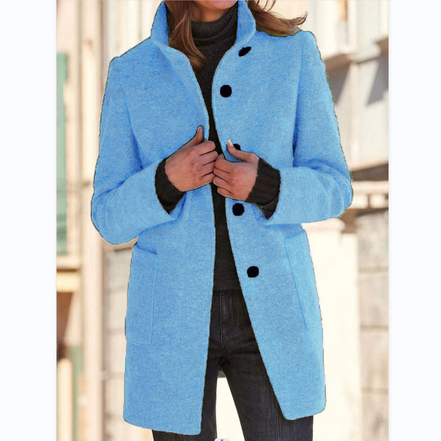 Fashion Stand Collar Woolen Coat With Pockets Fall Winter Casual Button Outwear For Women Clothing - ZEXO 