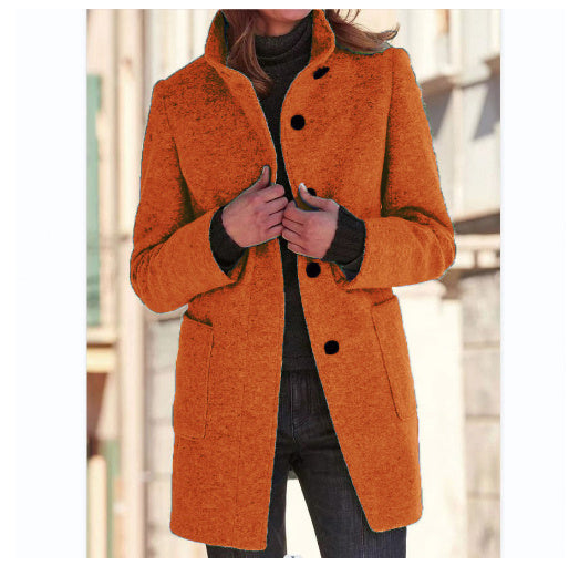 Fashion Stand Collar Woolen Coat With Pockets Fall Winter Casual Button Outwear For Women Clothing - ZEXO 