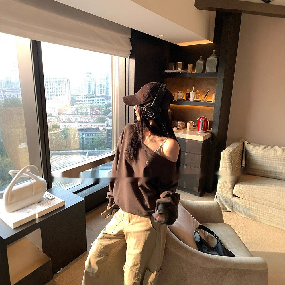 Off-the-shoulder Small Icon Loose Pullover Sweatershirt - ZEXO 