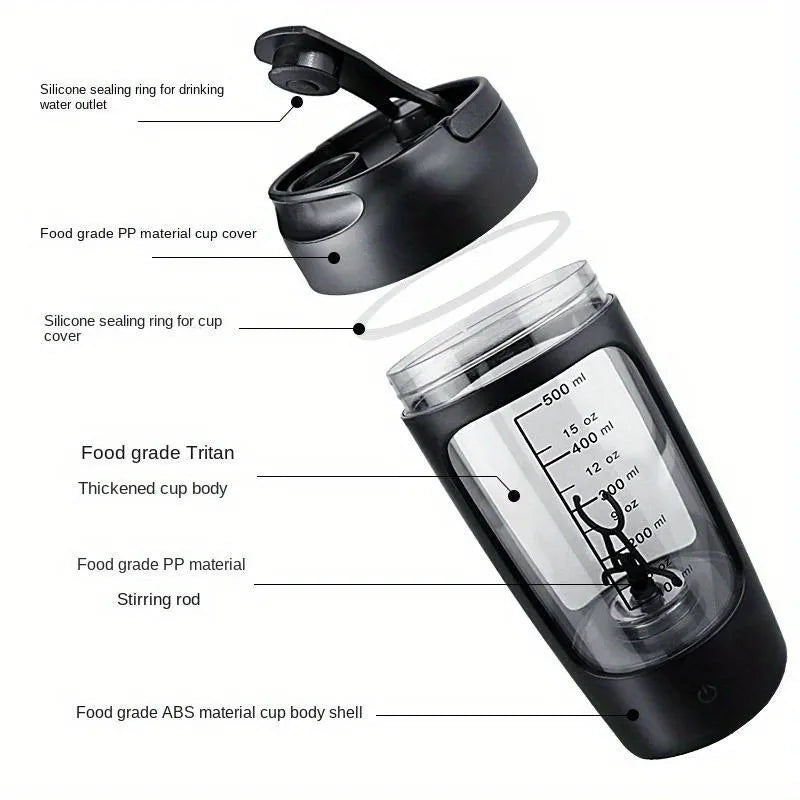 500ML Electric Shaker Bottle USB C Rechargeable Automatic Mixer Black - ZEXO 