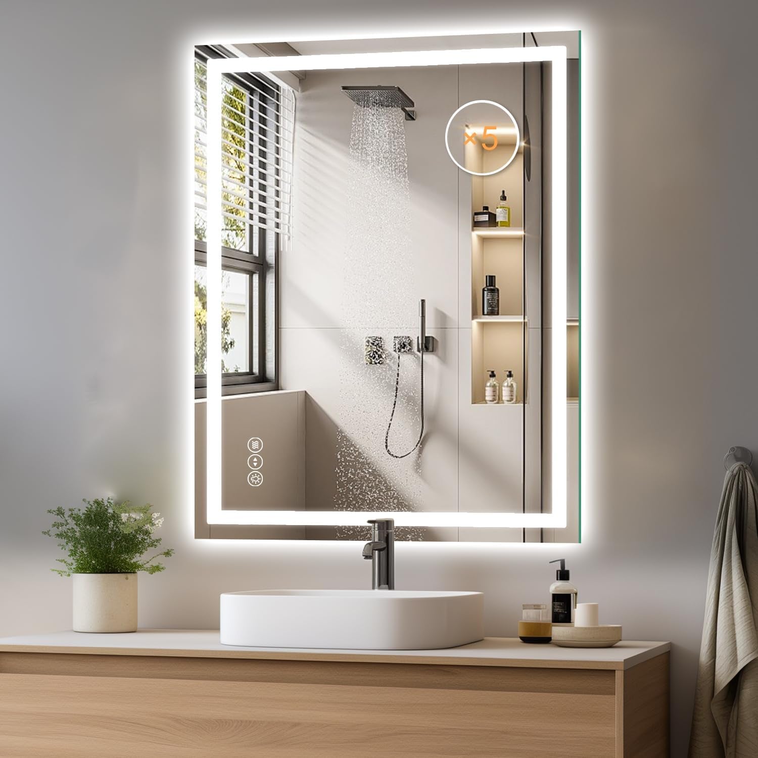 LED Bathroom Mirror 24 X 32 Inch Anti-Fog Bathroom Mirror with Led Illuminated Mirror, Wall Mounted Lighted Vanity Mirrors for Wall with 3 Colors Dimmable, Touch Switch Smart Mirror - ZEXO 