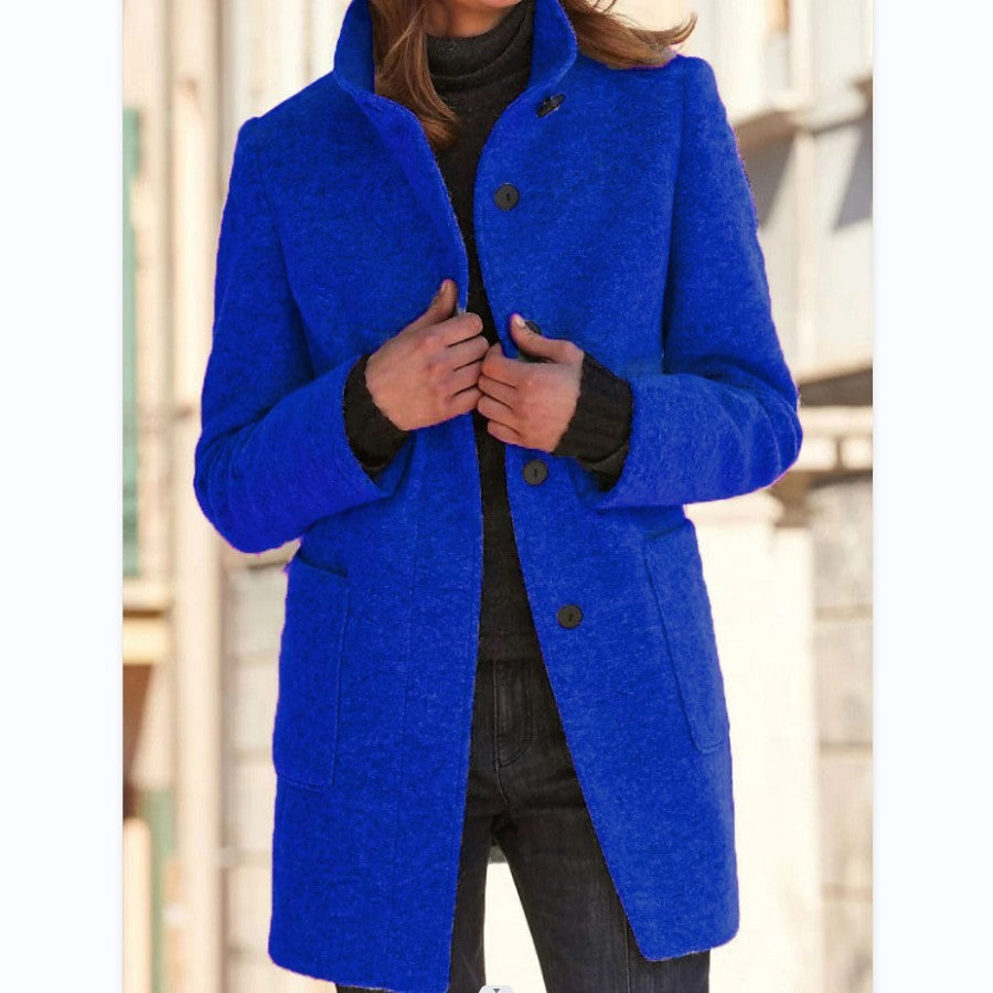 Fashion Stand Collar Woolen Coat With Pockets Fall Winter Casual Button Outwear For Women Clothing - ZEXO 