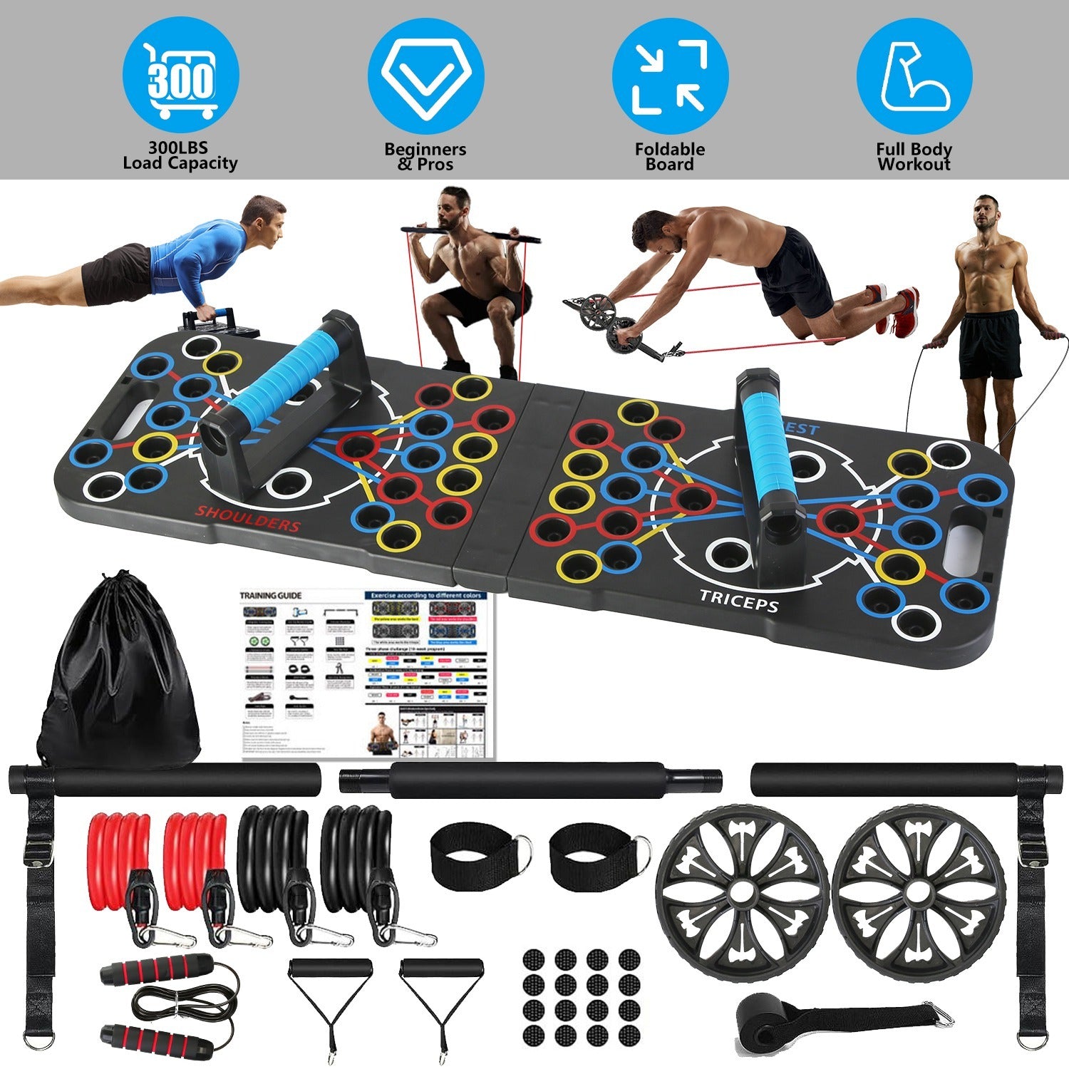 Multifunctional Push Up Board Home Strength Training Equipment With 15 Fitness Accessories Pilates Bar Resistance Band Roller Wheel Full Body Workout Home Gym Equipment - ZEXO 