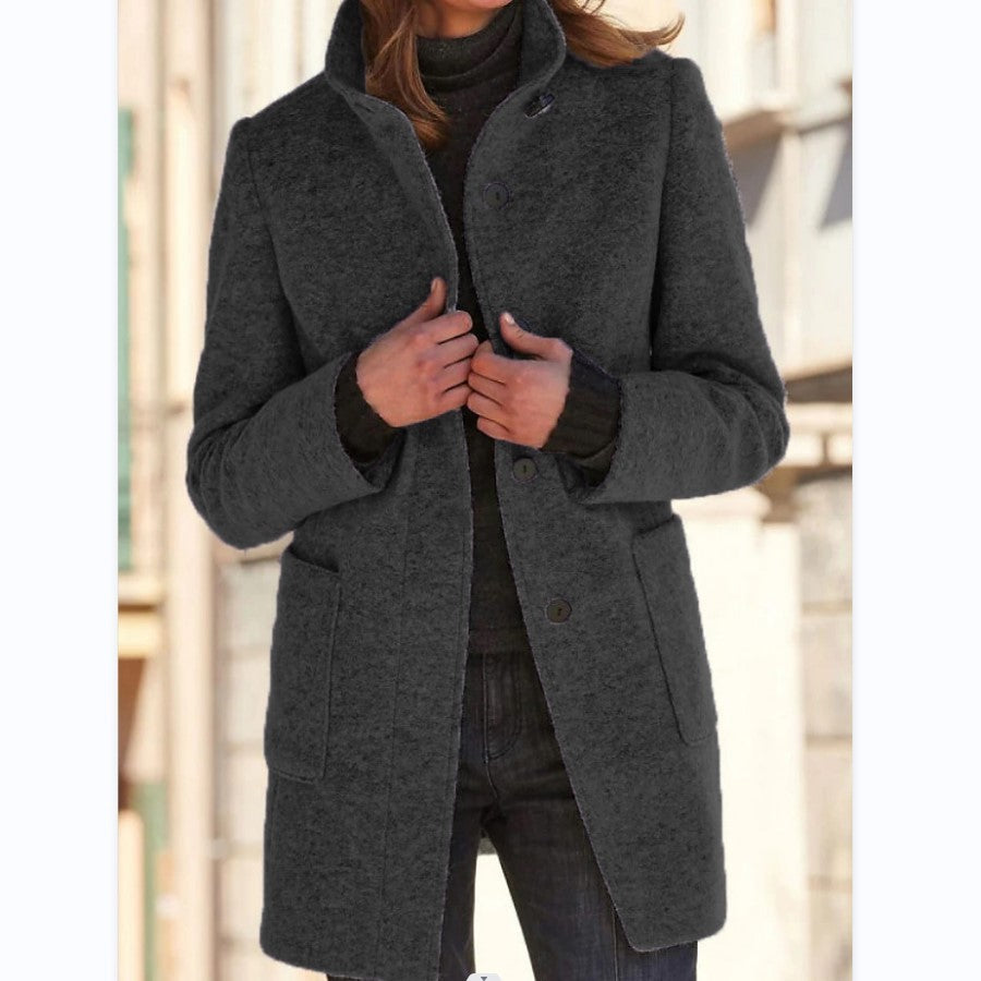 Fashion Stand Collar Woolen Coat With Pockets Fall Winter Casual Button Outwear For Women Clothing - ZEXO 