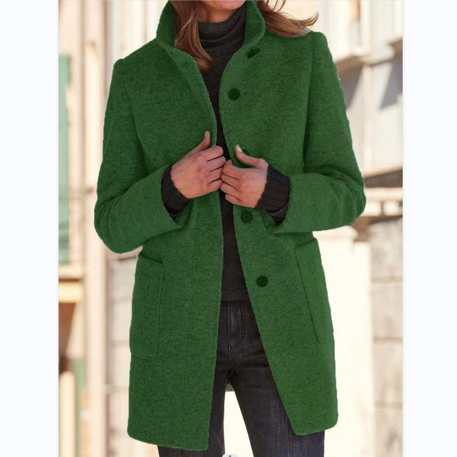 Fashion Stand Collar Woolen Coat With Pockets Fall Winter Casual Button Outwear For Women Clothing - ZEXO 