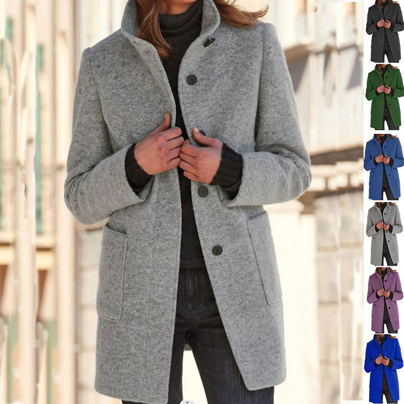 Fashion Stand Collar Woolen Coat With Pockets Fall Winter Casual Button Outwear For Women Clothing - ZEXO 