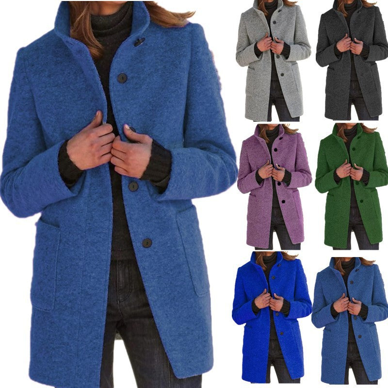 Fashion Stand Collar Woolen Coat With Pockets Fall Winter Casual Button Outwear For Women Clothing - ZEXO 