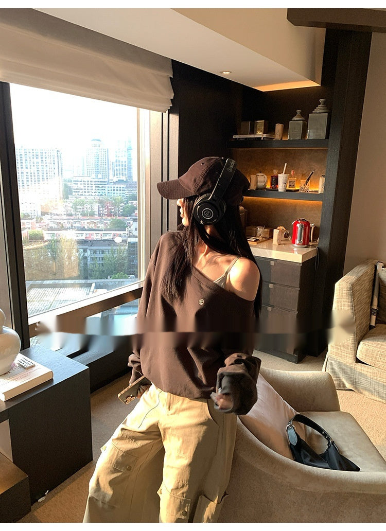 Off-the-shoulder Small Icon Loose Pullover Sweatershirt - ZEXO 